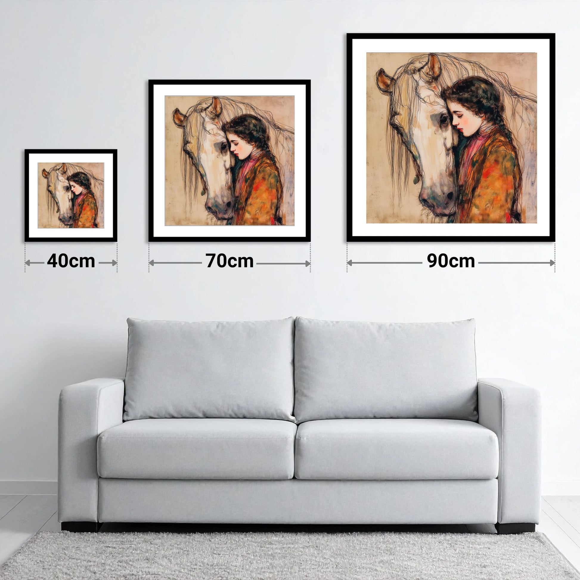 The Silent Language - size guide showing 40cm, 70cm and 90cm art prints