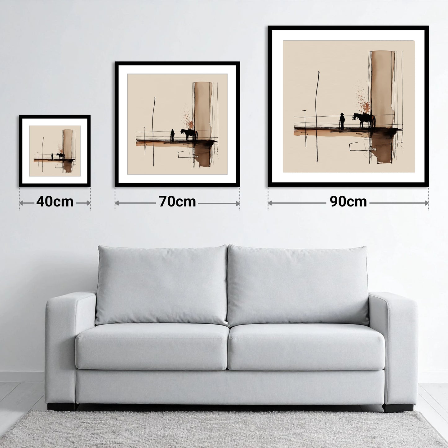 Quiet Western Horizon - size guide showing 40cm, 70cm and 90cm art prints