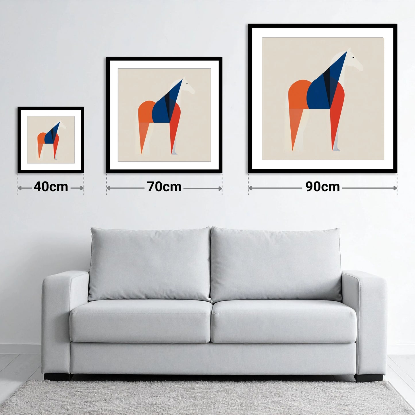 Modern Equine Geometry - size guide showing 40cm, 70cm and 90cm art prints