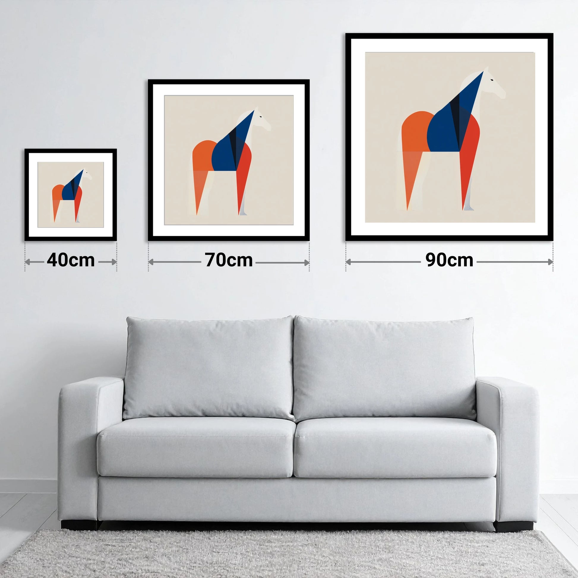 Modern Equine Geometry - size guide showing 40cm, 70cm and 90cm art prints