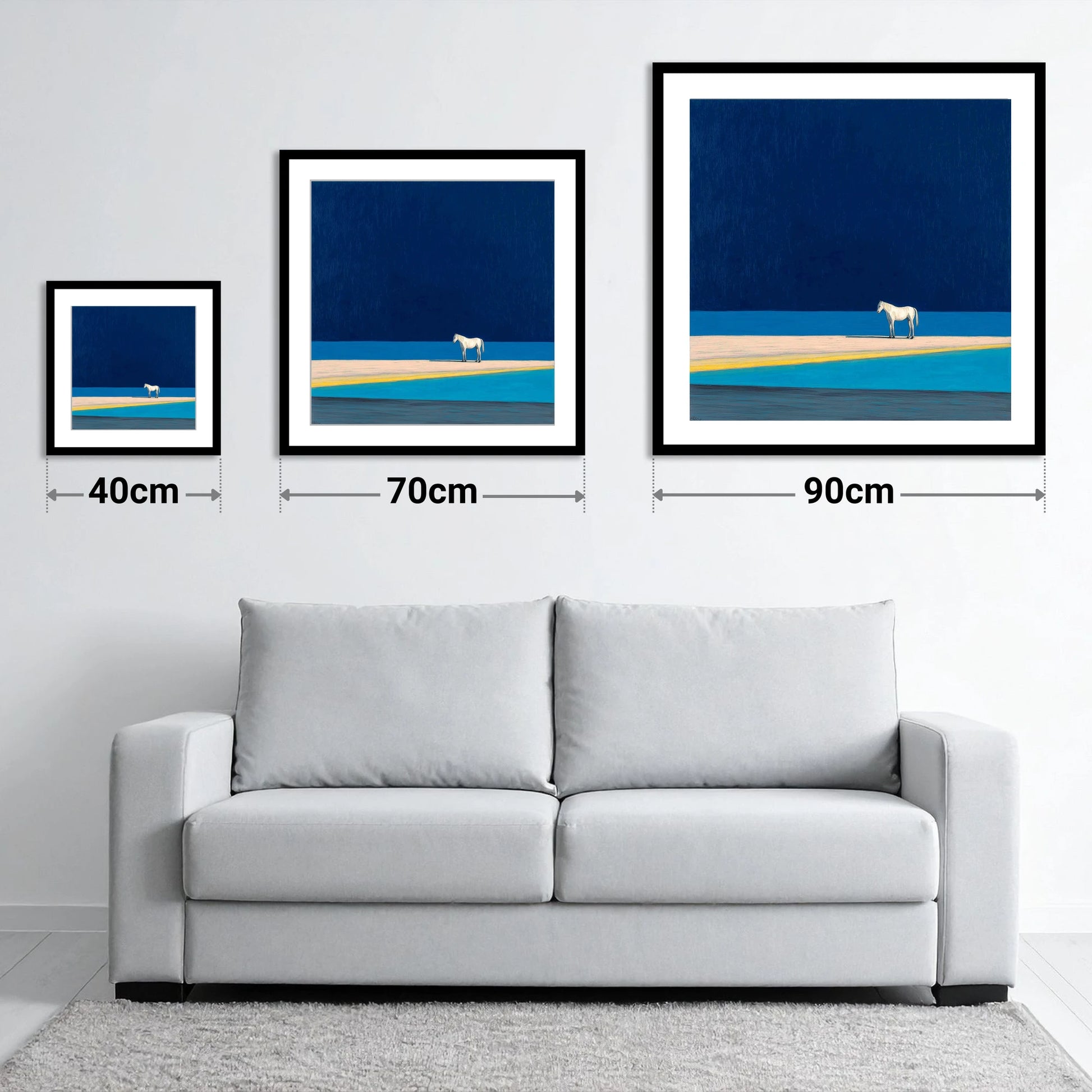 Midnight Blue Horizon - size guide showing 40cm, 70cm and 90cm art prints