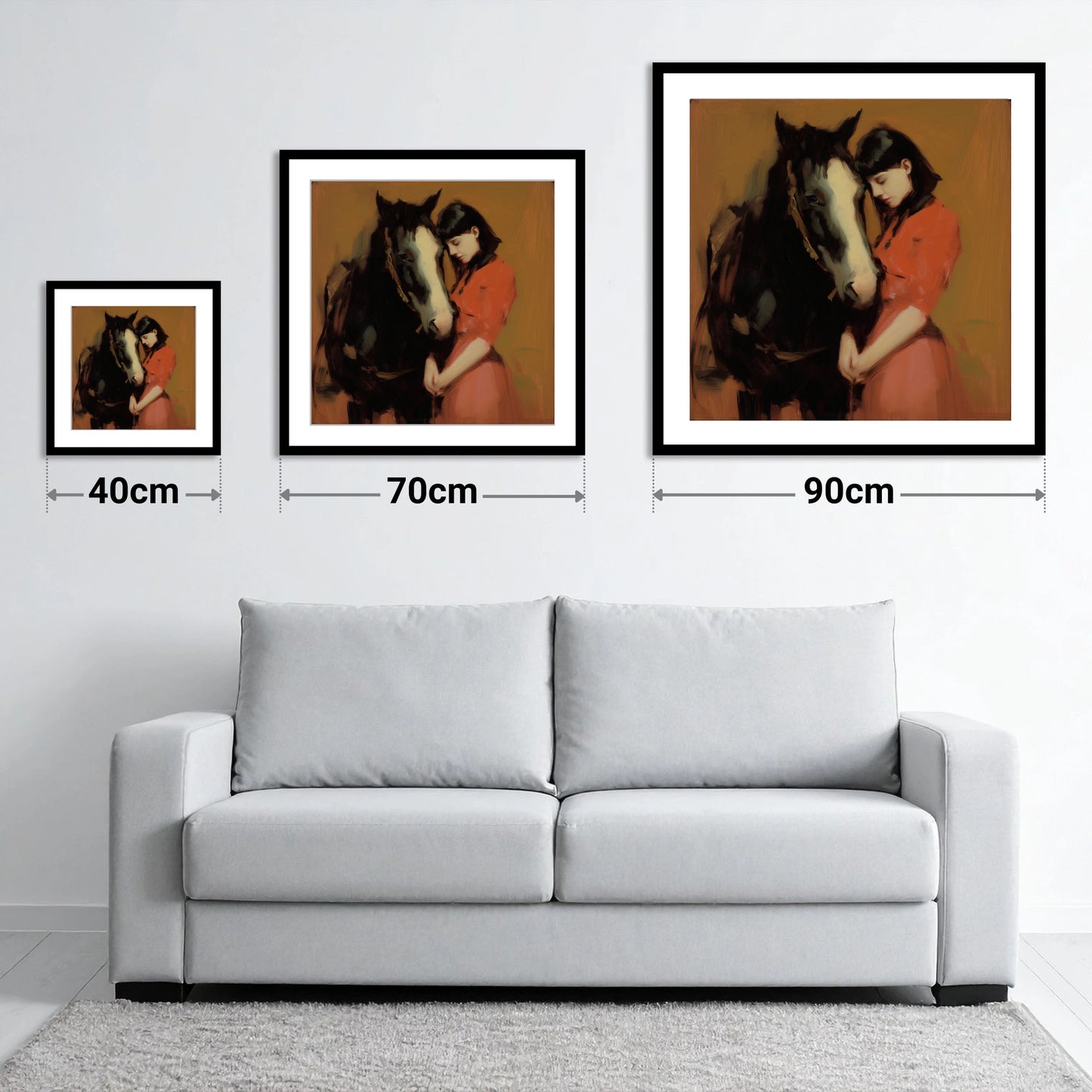 The Quiet Connection - size guide showing 40cm, 70cm and 90cm art prints