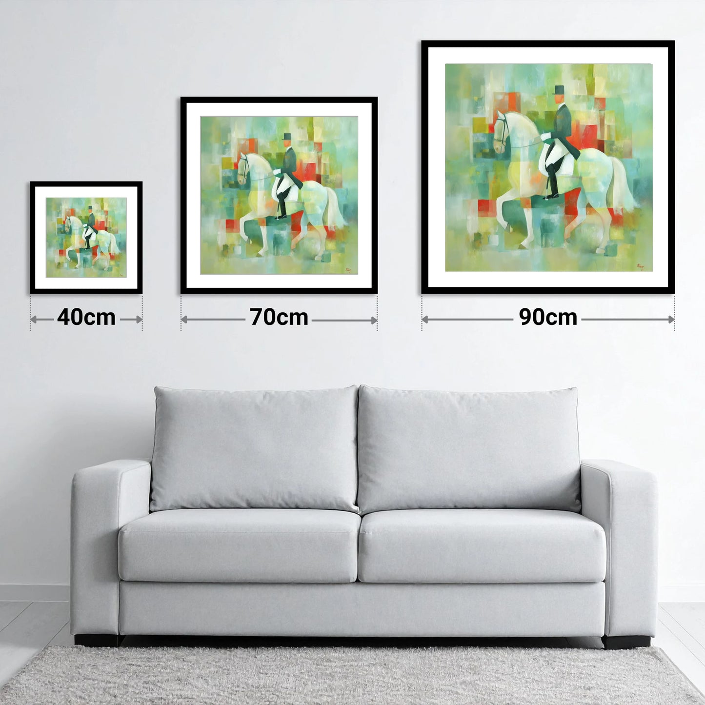 Collected In Colour - size guide showing 40cm, 70cm and 90cm art prints