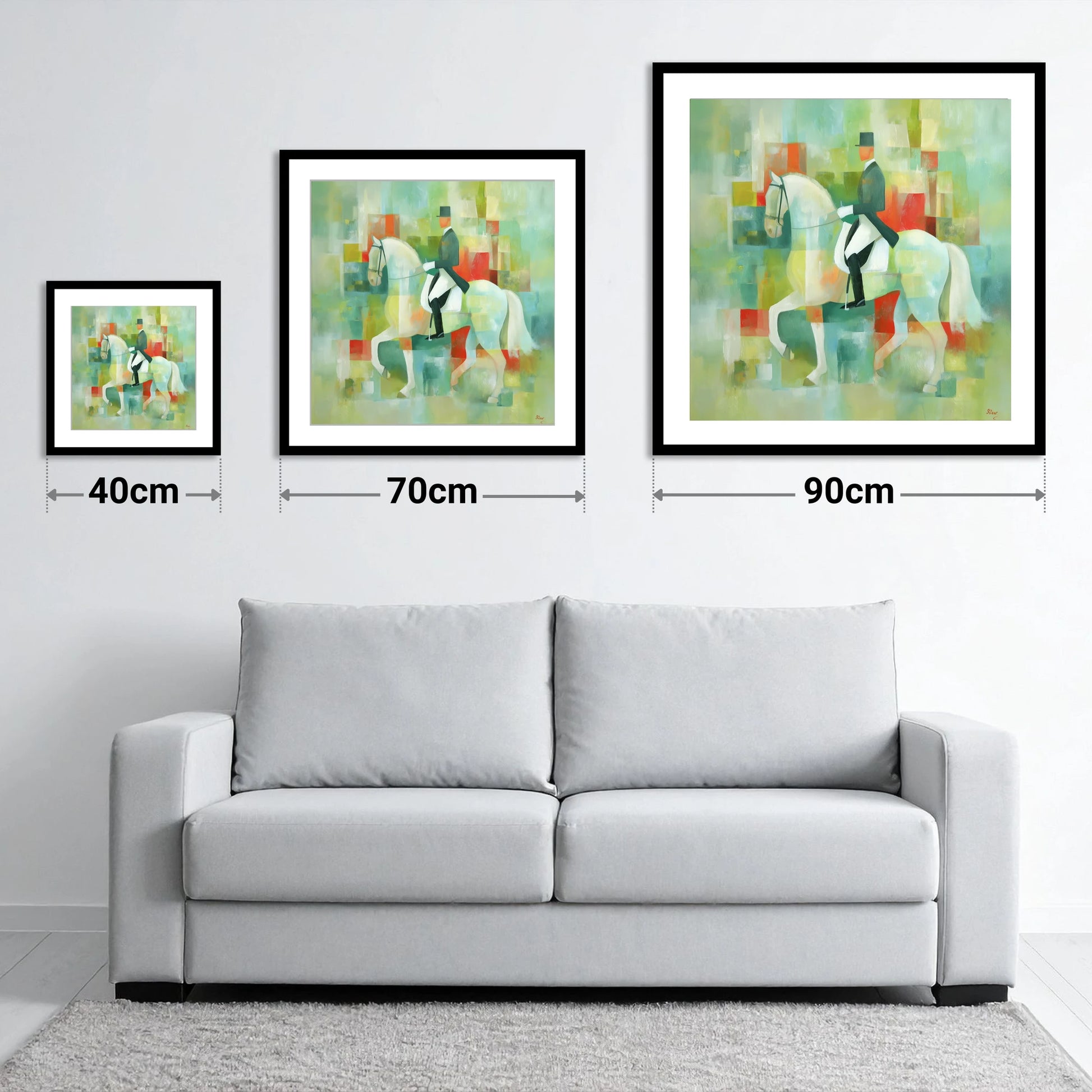 Collected In Colour - size guide showing 40cm, 70cm and 90cm art prints