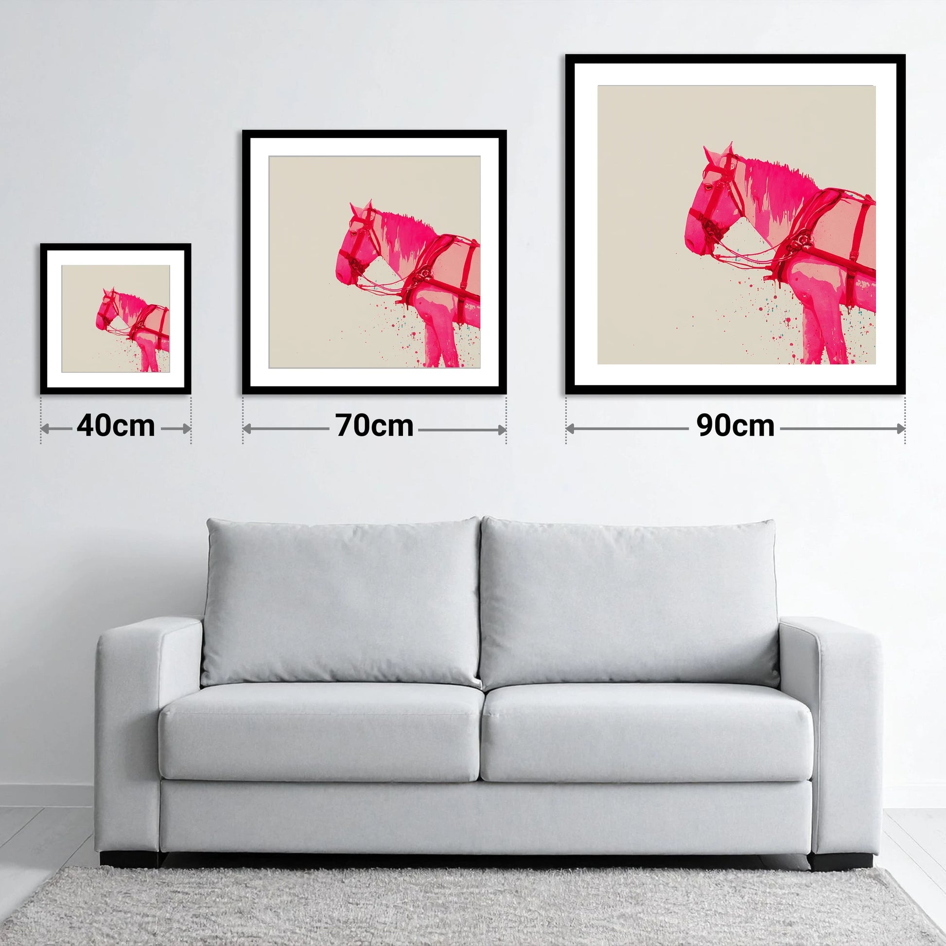 Vibrant Harness Profile - size guide showing 40cm, 70cm and 90cm art prints