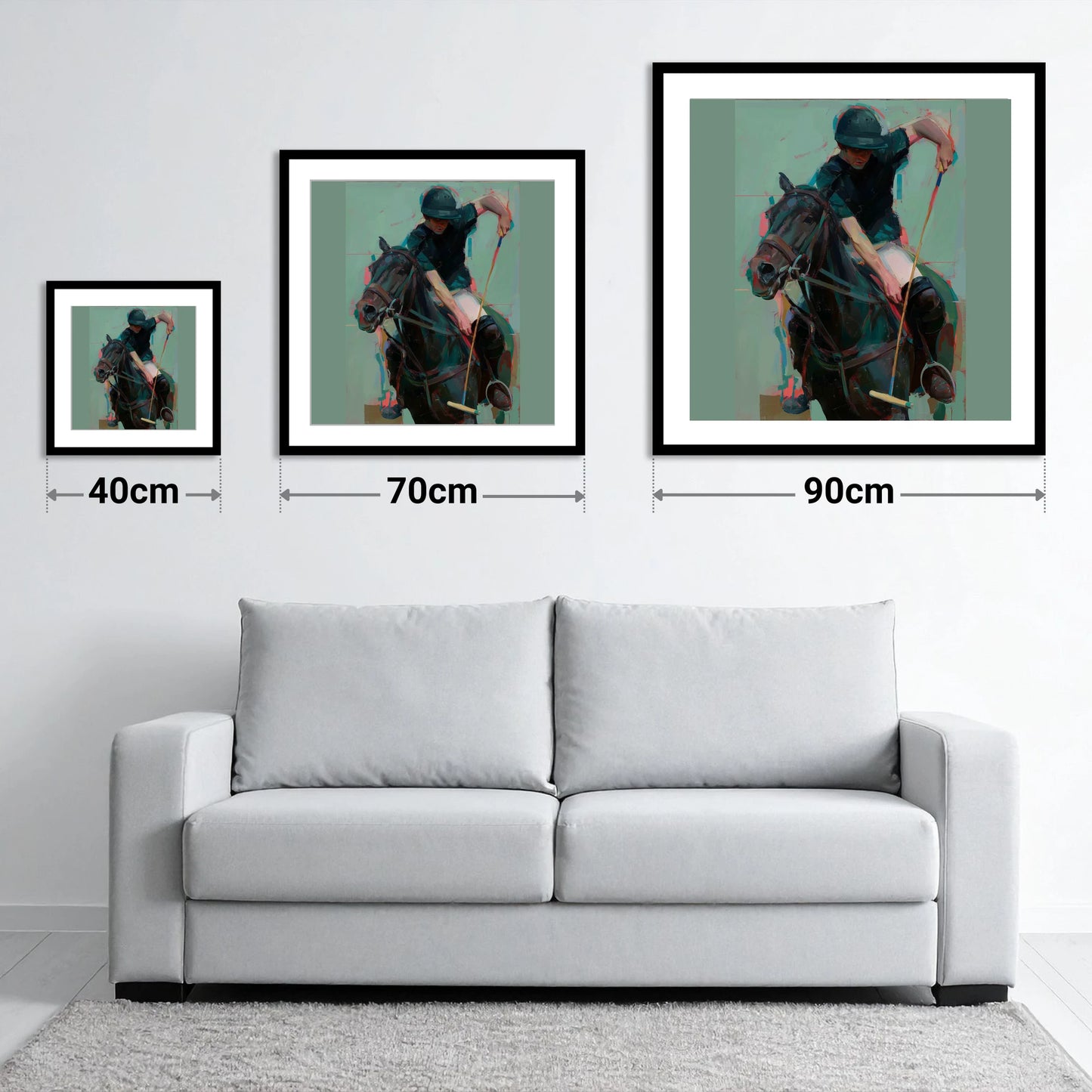 The Decisive Swing - size guide showing 40cm, 70cm and 90cm art prints