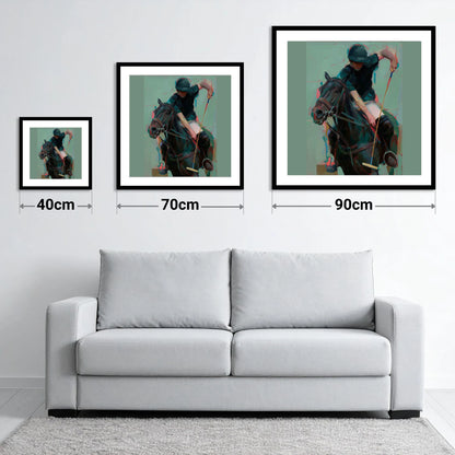 The Decisive Swing - size guide showing 40cm, 70cm and 90cm art prints