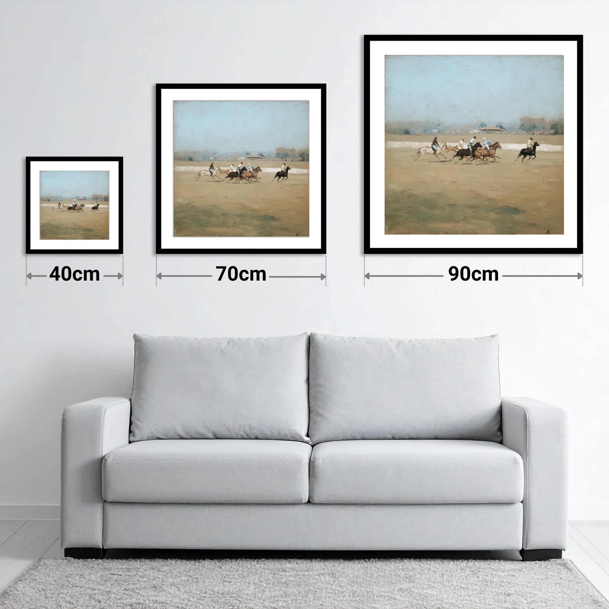 Vintage Polo Charge - size guide showing 40cm, 70cm and 90cm art prints
