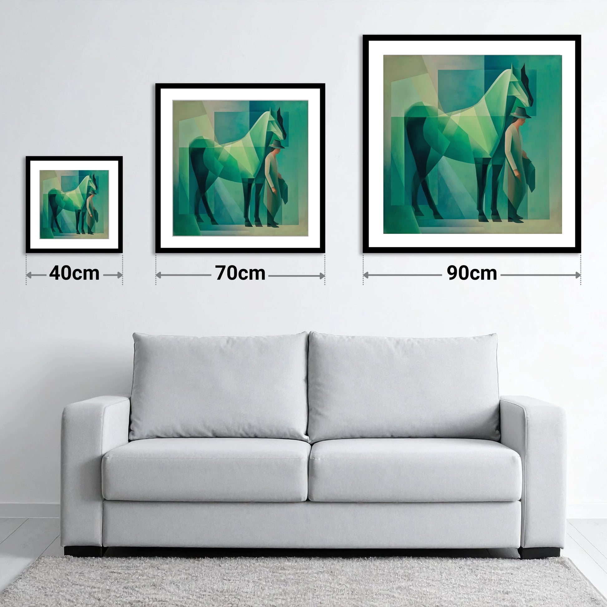 Emerald Geometry - size guide showing 40cm, 70cm and 90cm art prints
