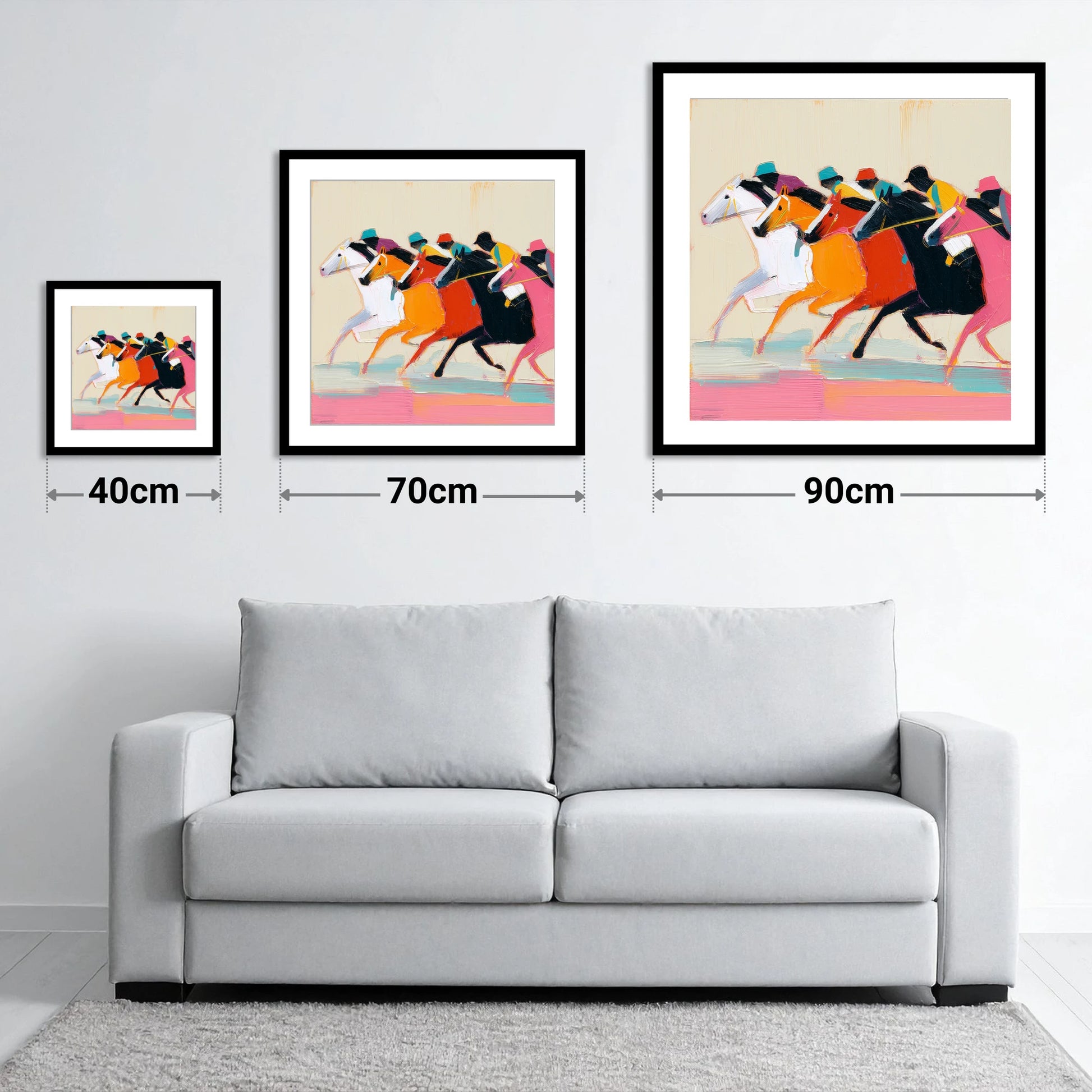 Vibrant Final Furlong - size guide showing 40cm, 70cm and 90cm art prints