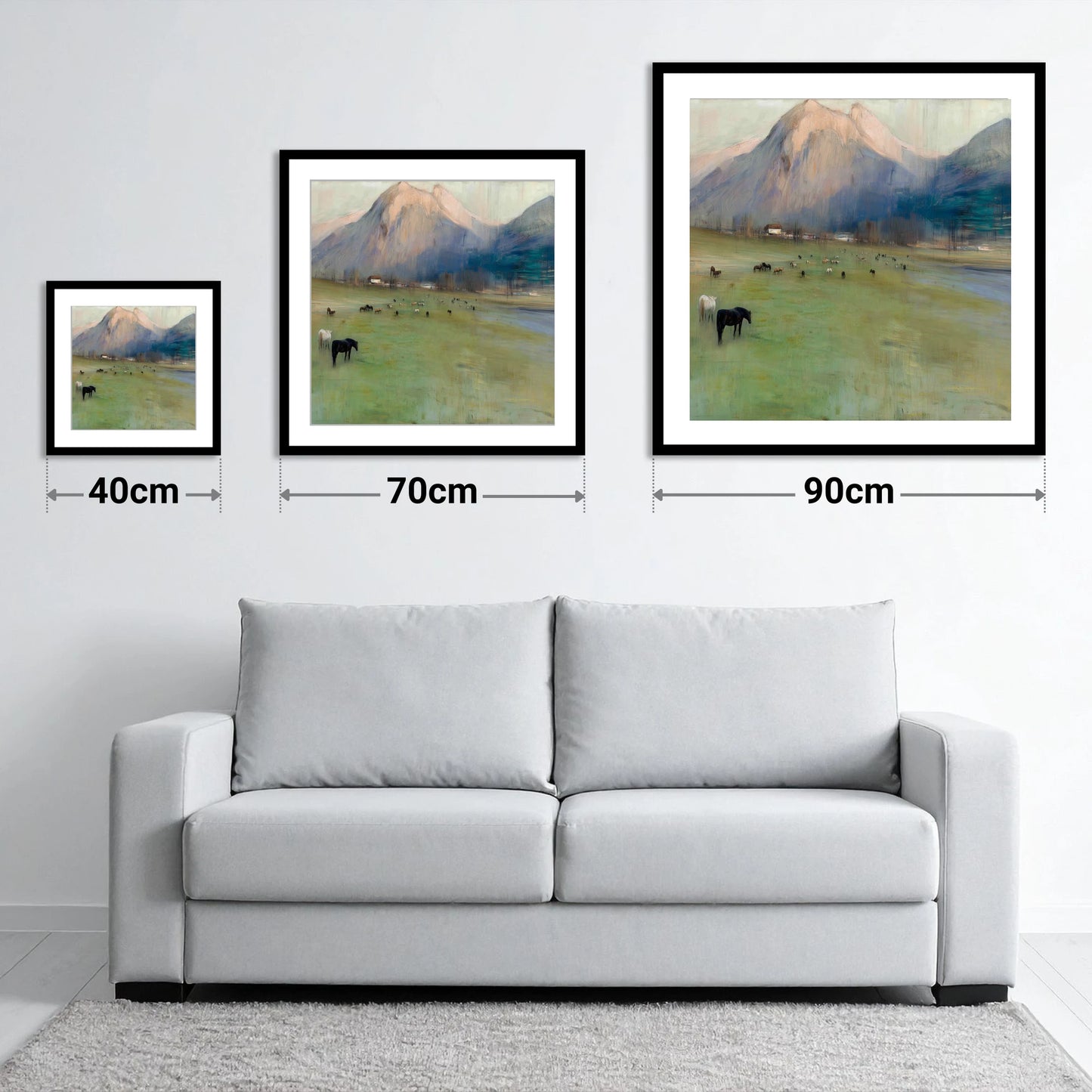 Alpine Grazing - size guide showing 40cm, 70cm and 90cm art prints