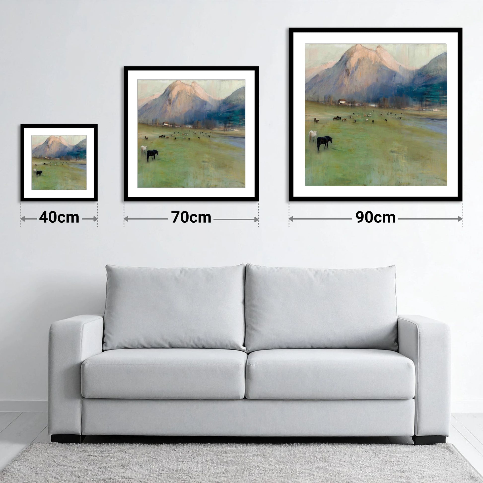 Alpine Grazing - size guide showing 40cm, 70cm and 90cm art prints