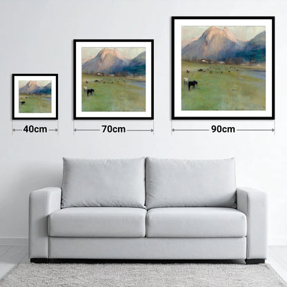 Alpine Grazing - size guide showing 40cm, 70cm and 90cm art prints