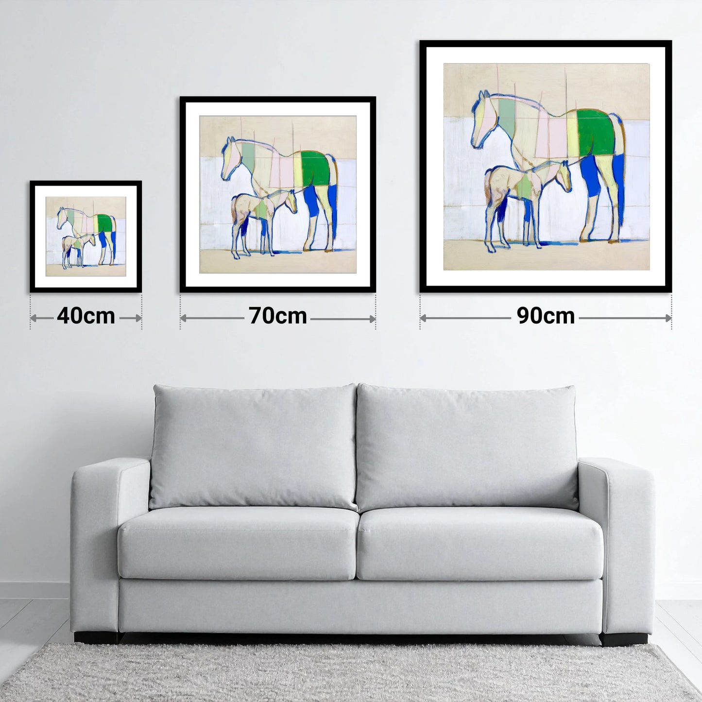 Structural Equine Harmony - size guide showing 40cm, 70cm and 90cm art prints