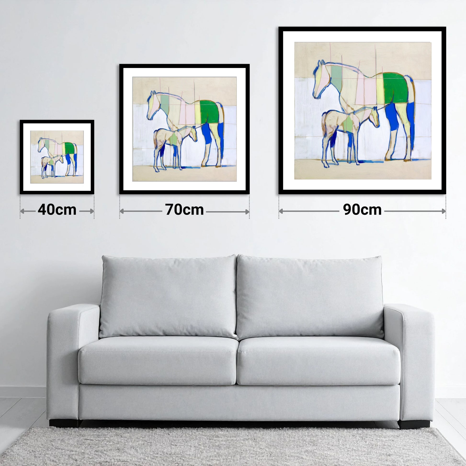 Structural Equine Harmony - size guide showing 40cm, 70cm and 90cm art prints