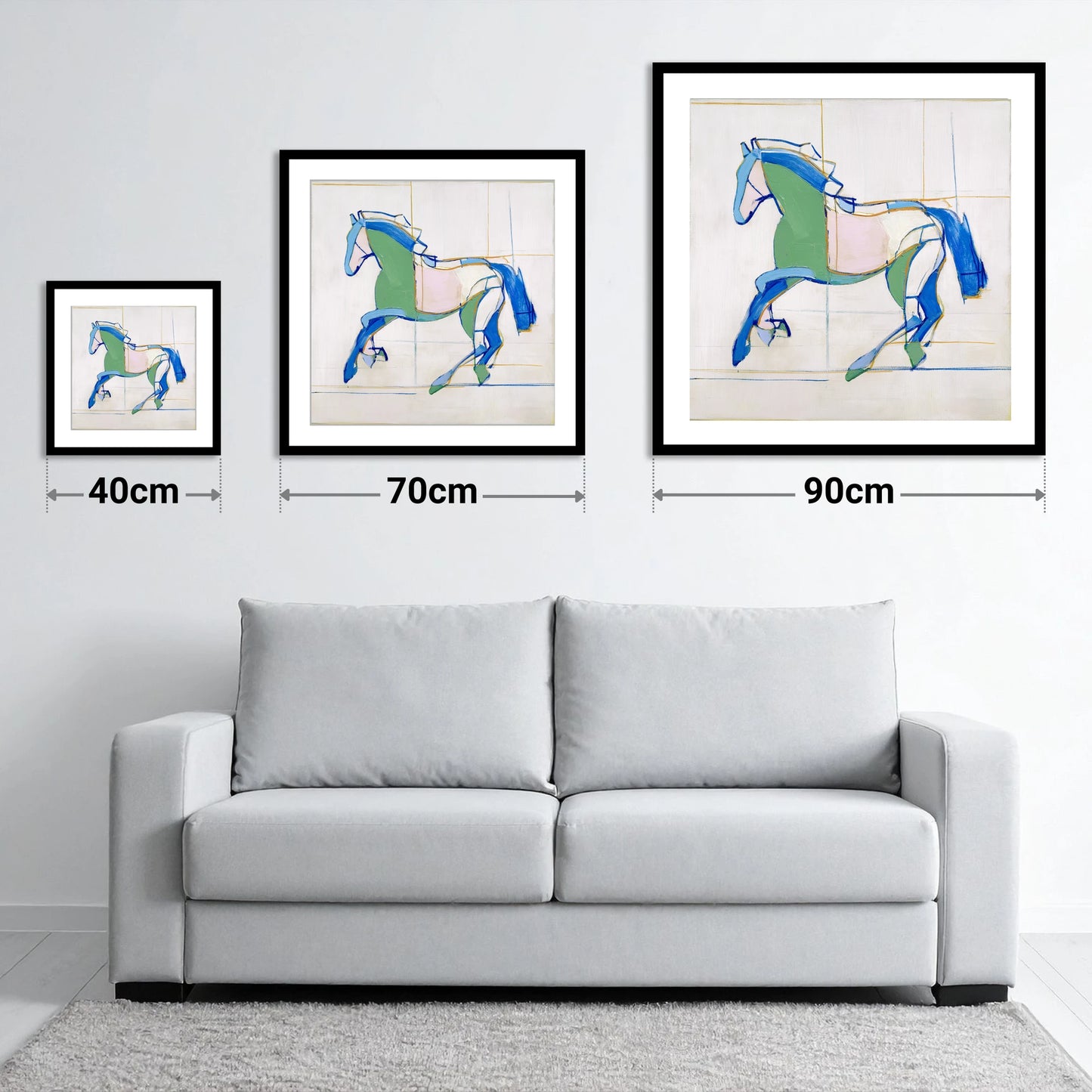 Azure and Emerald Canter - size guide showing 40cm, 70cm and 90cm art prints