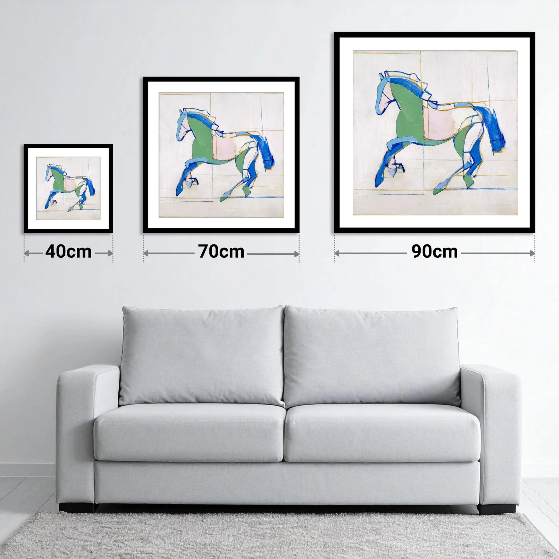 Azure and Emerald Canter - size guide showing 40cm, 70cm and 90cm art prints