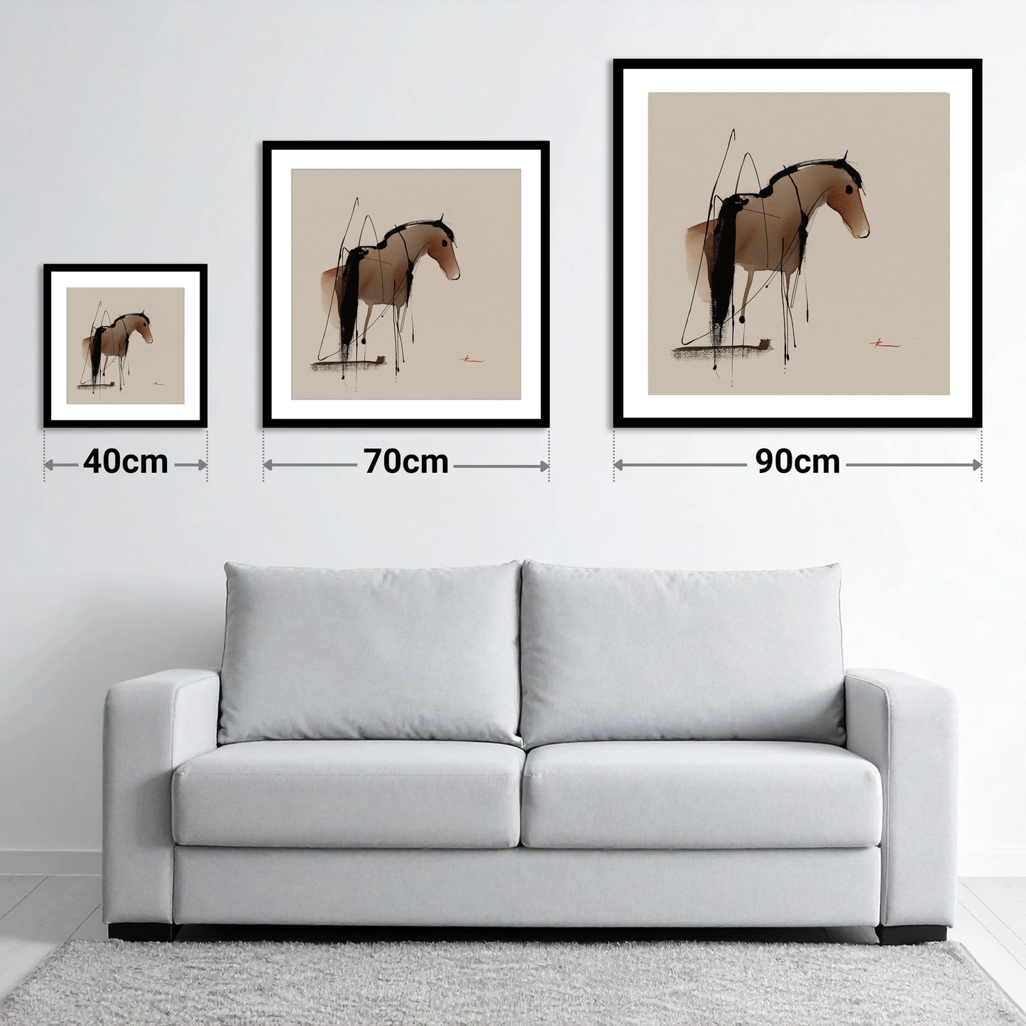 Essence in Ink - size guide showing 40cm, 70cm and 90cm art prints