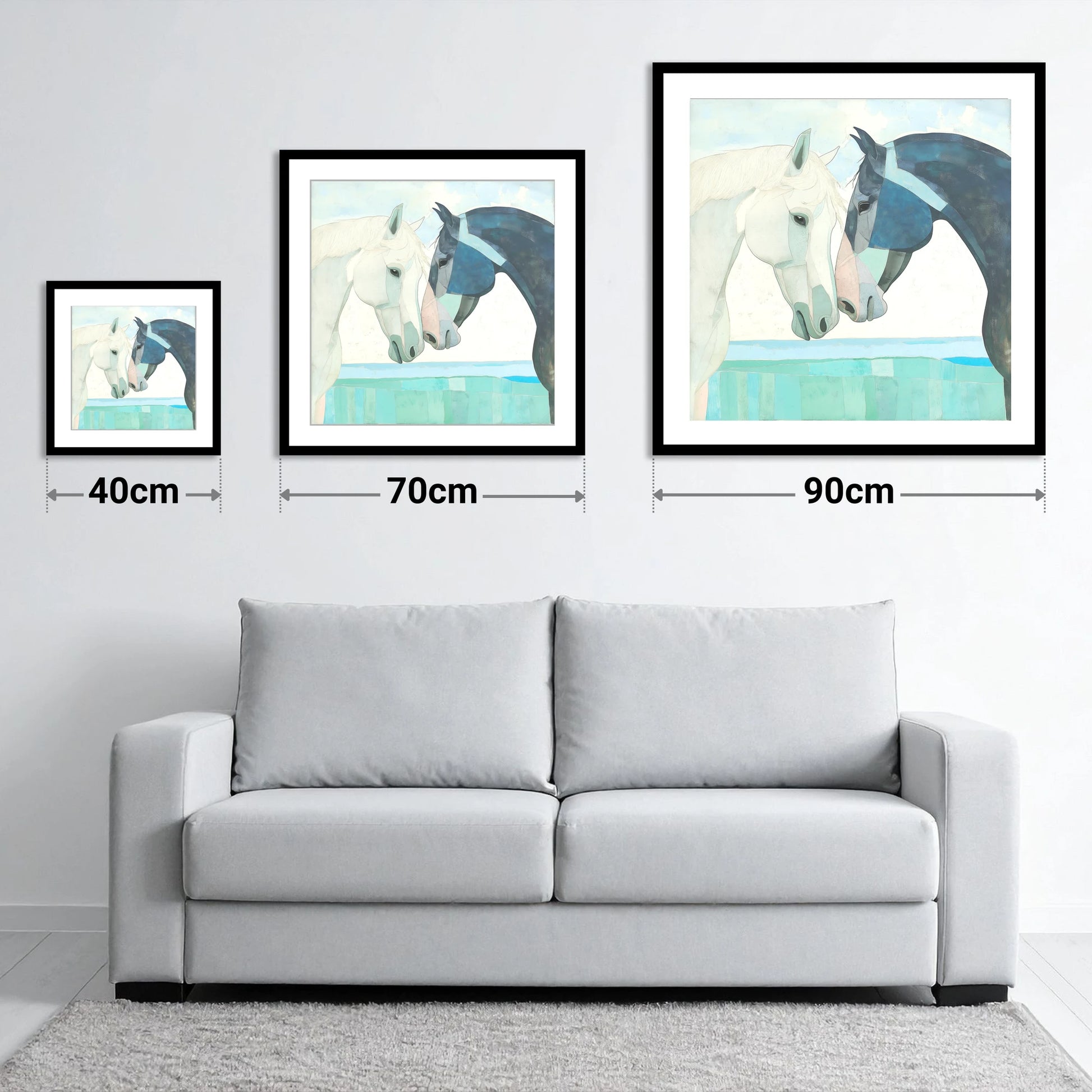 The Gentle Greeting - size guide showing 40cm, 70cm and 90cm art prints