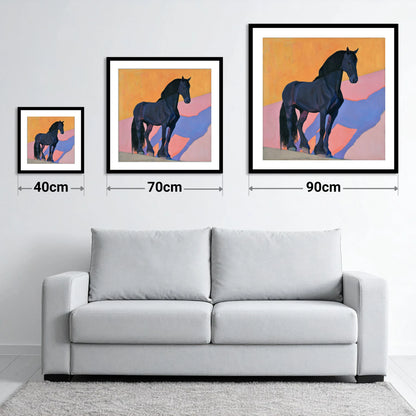 Black Friesian On Vibrant Orange - size guide showing 40cm, 70cm and 90cm art prints