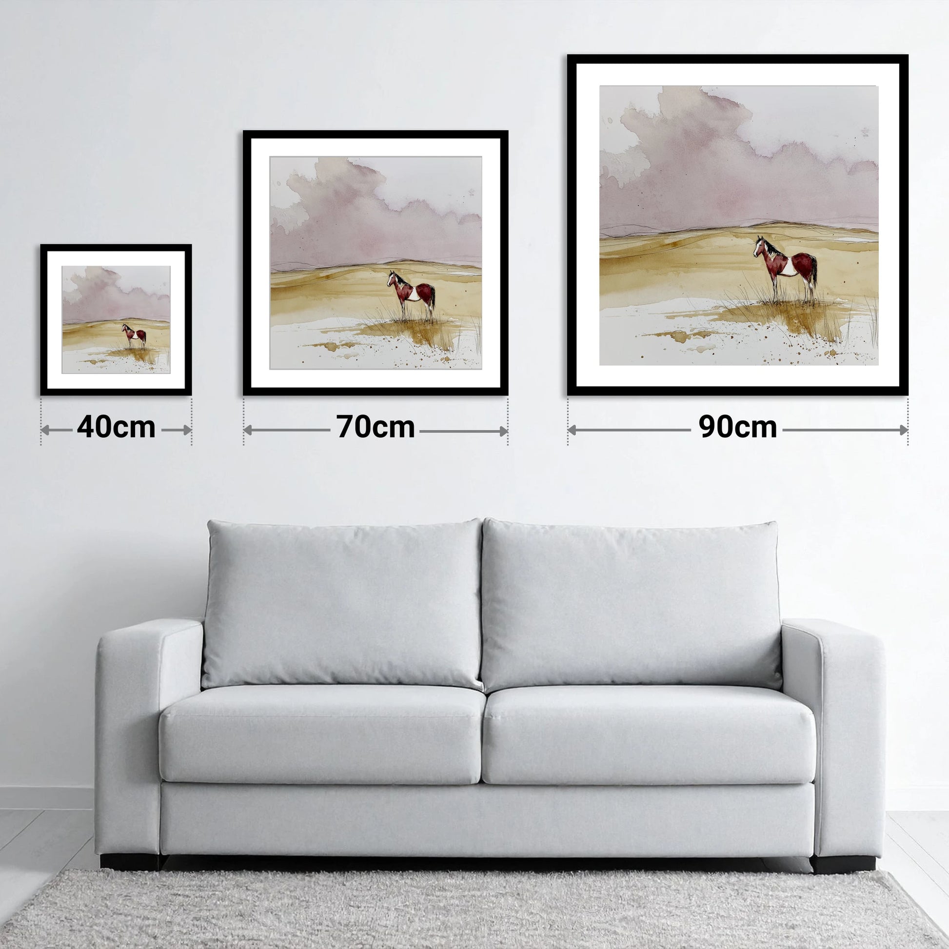 Ochre Horizons - size guide showing 40cm, 70cm and 90cm art prints