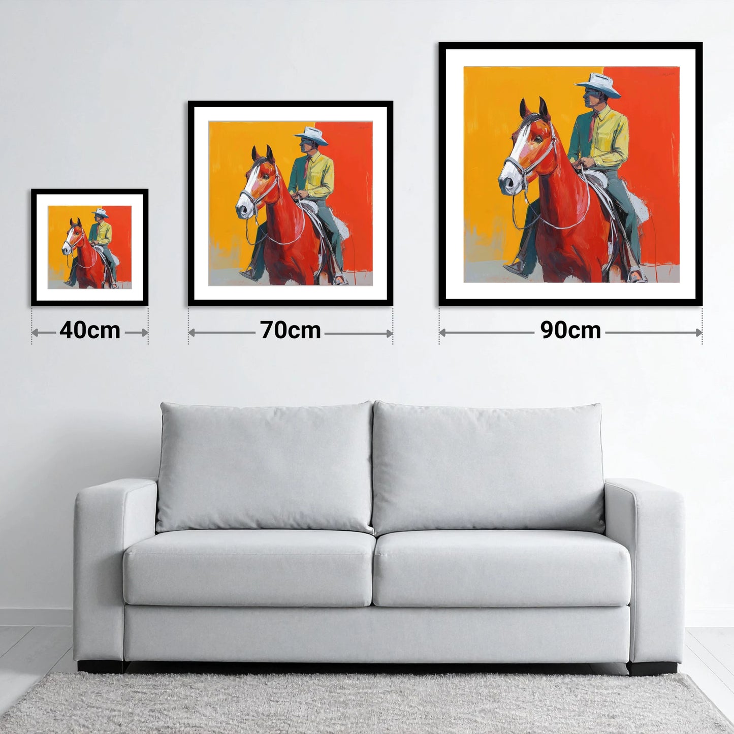 Vivid Horizon Rider - size guide showing 40cm, 70cm and 90cm art prints