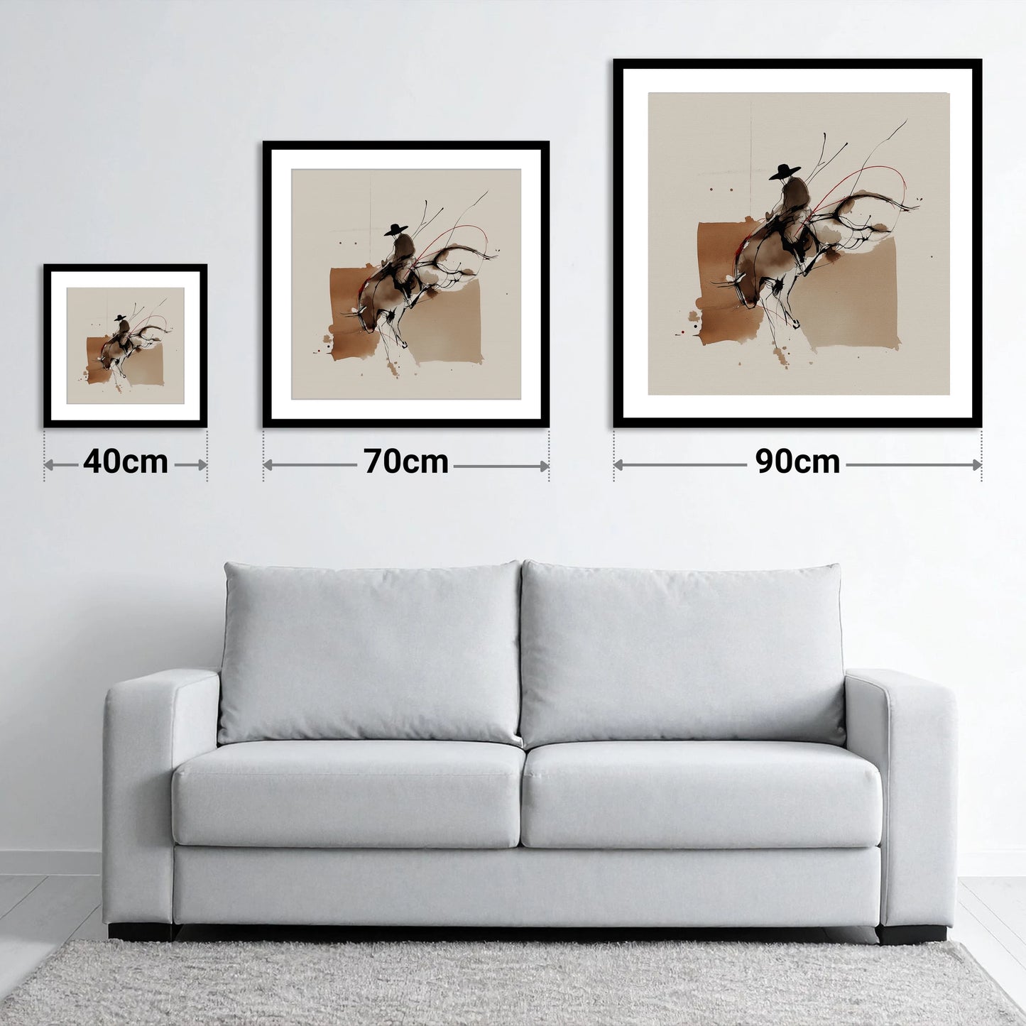 Untamed Western Energy - size guide showing 40cm, 70cm and 90cm art prints