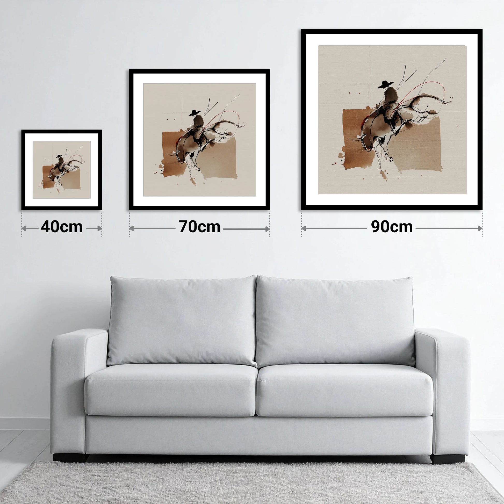 Untamed Western Energy - size guide showing 40cm, 70cm and 90cm art prints