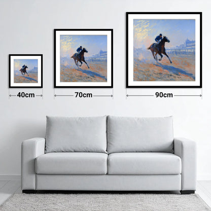 Luminous Morning Gallop - size guide showing 40cm, 70cm and 90cm art prints