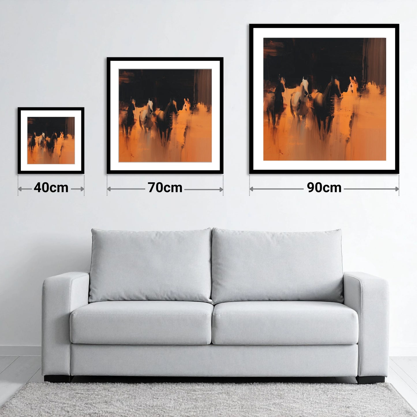 Out of the Shadows - size guide showing 40cm, 70cm and 90cm art prints