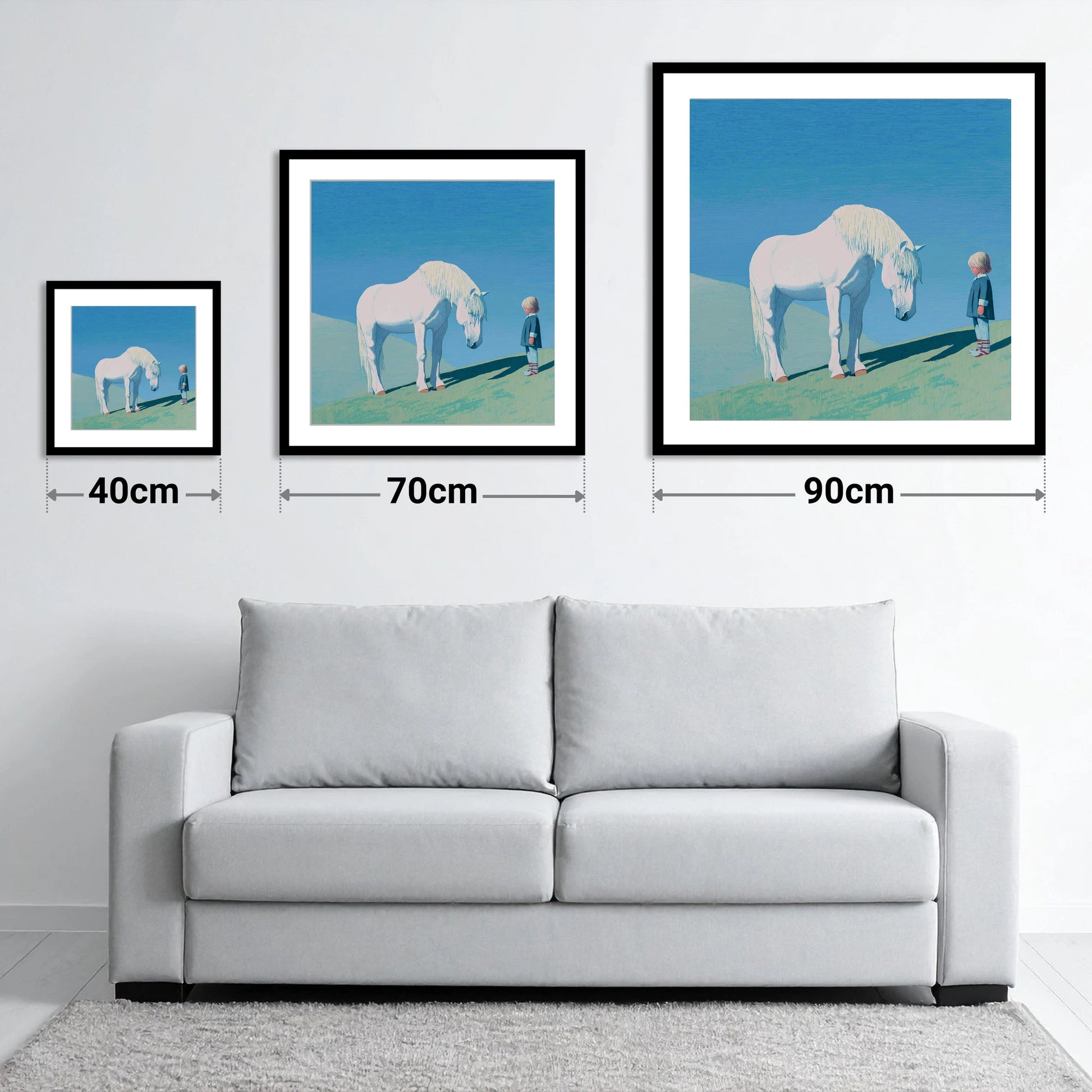 The Gentle Meeting - size guide showing 40cm, 70cm and 90cm art prints