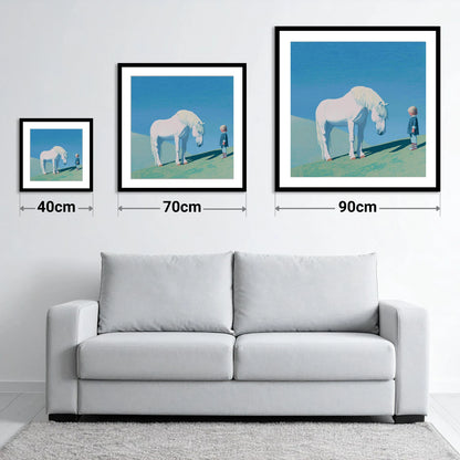 The Gentle Meeting - size guide showing 40cm, 70cm and 90cm art prints