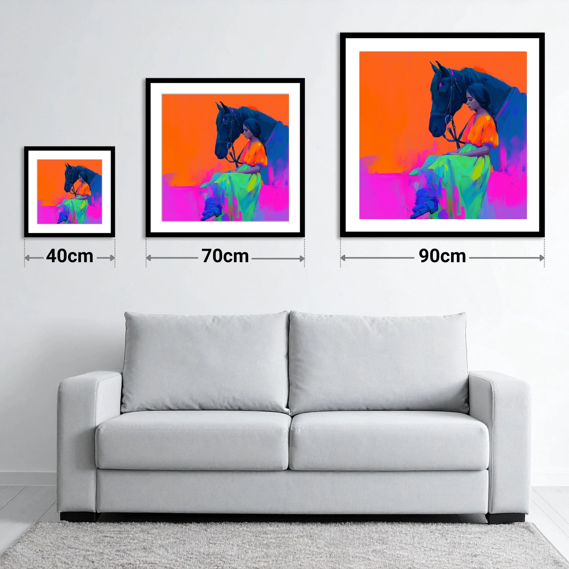 Vivid Connection - size guide showing 40cm, 70cm and 90cm art prints