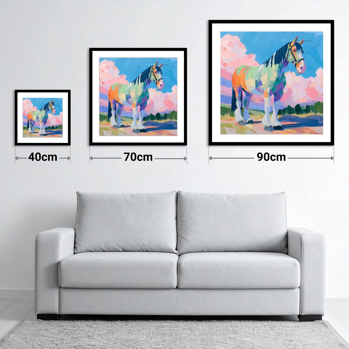 Prismatic Heavy Horse - size guide showing 40cm, 70cm and 90cm art prints