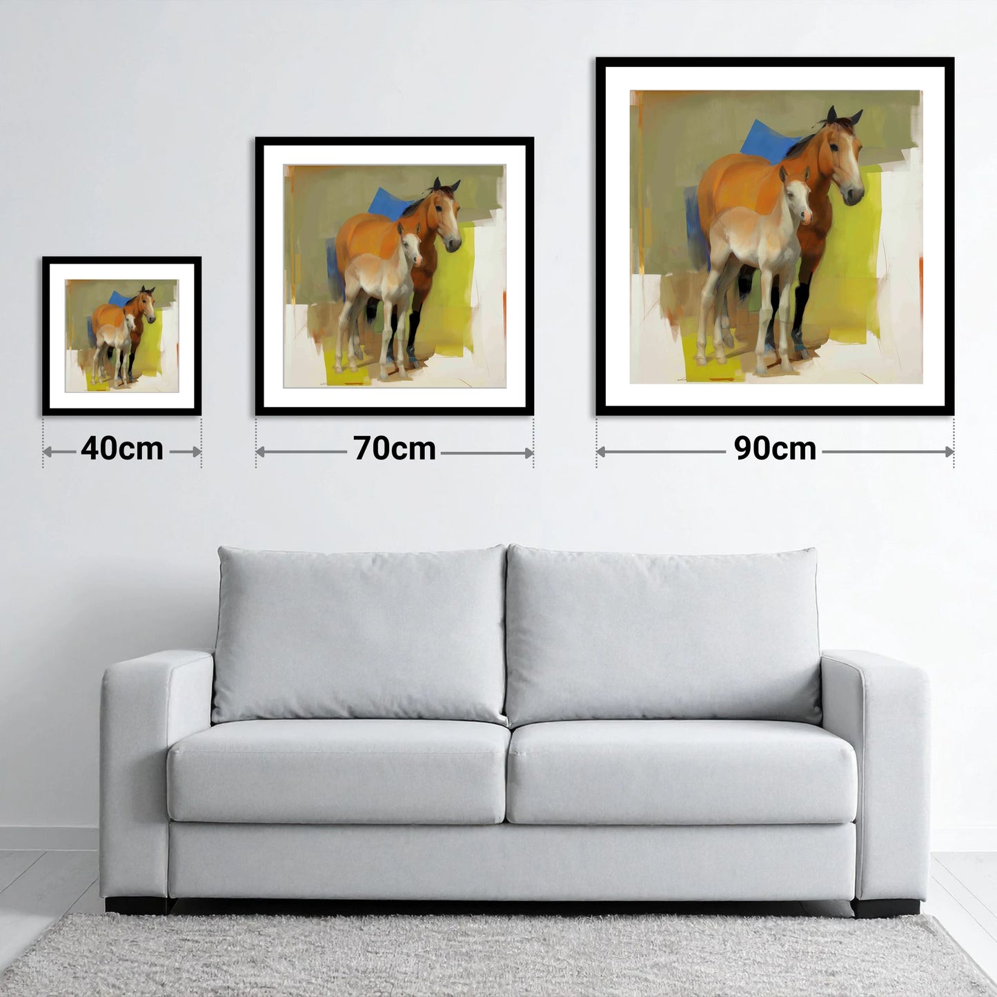 Modern Golden Bond - size guide showing 40cm, 70cm and 90cm art prints