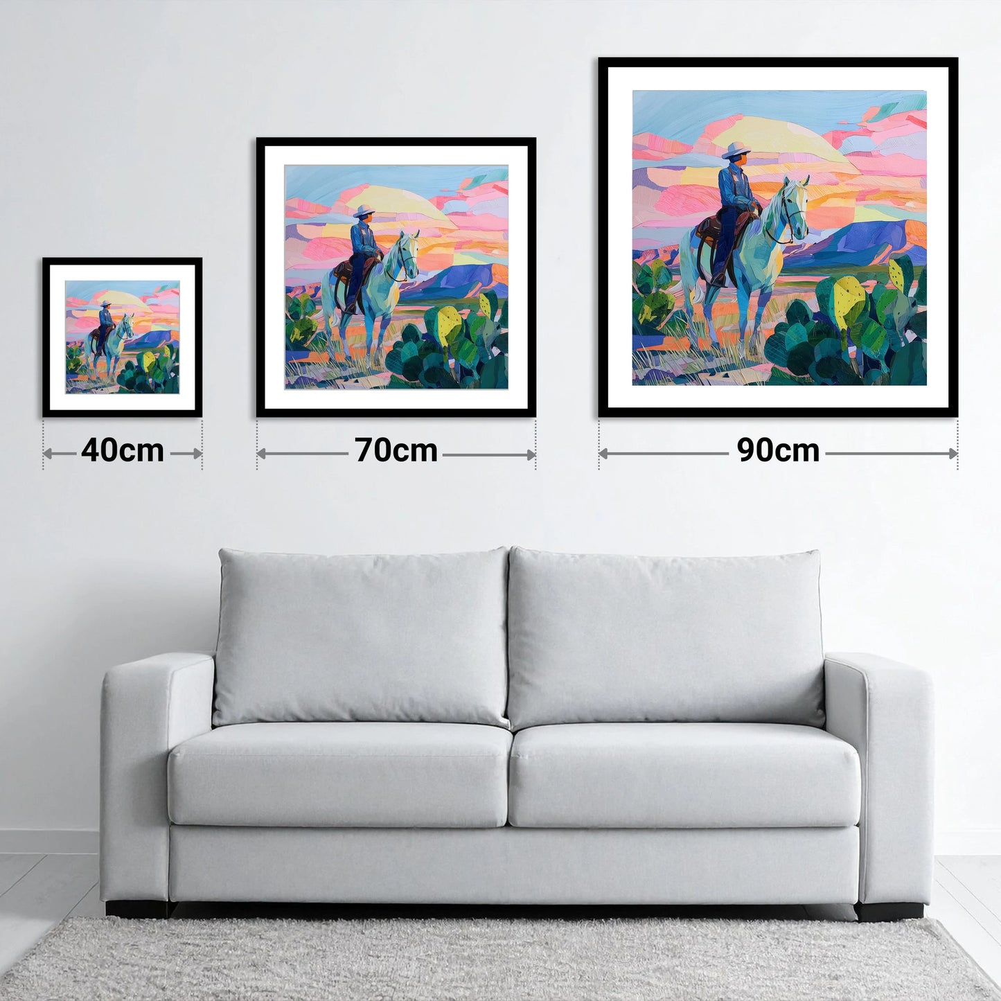 Painted Desert Rider - size guide showing 40cm, 70cm and 90cm art prints
