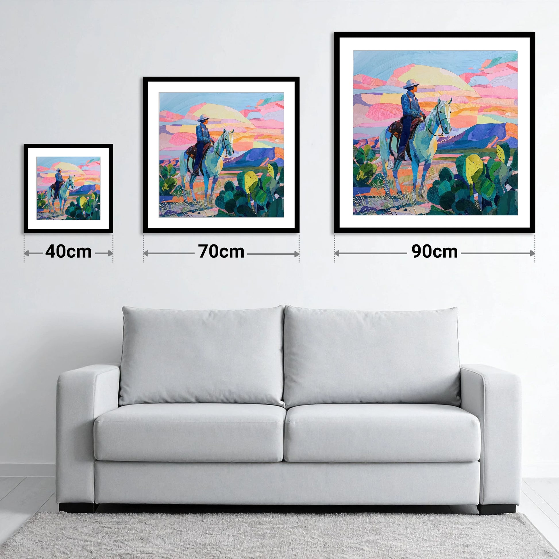Painted Desert Rider - size guide showing 40cm, 70cm and 90cm art prints