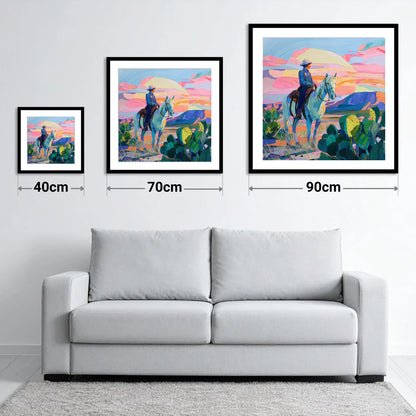 Painted Desert Rider - size guide showing 40cm, 70cm and 90cm art prints