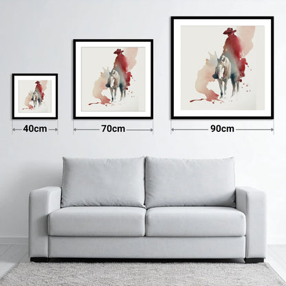 The Crimson Rider - size guide showing 40cm, 70cm and 90cm art prints