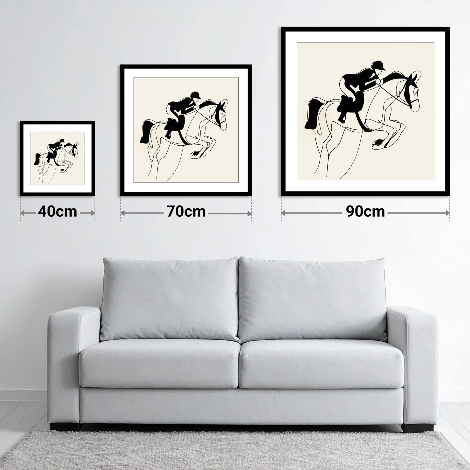 Grace in Flight - size guide showing 40cm, 70cm and 90cm art prints