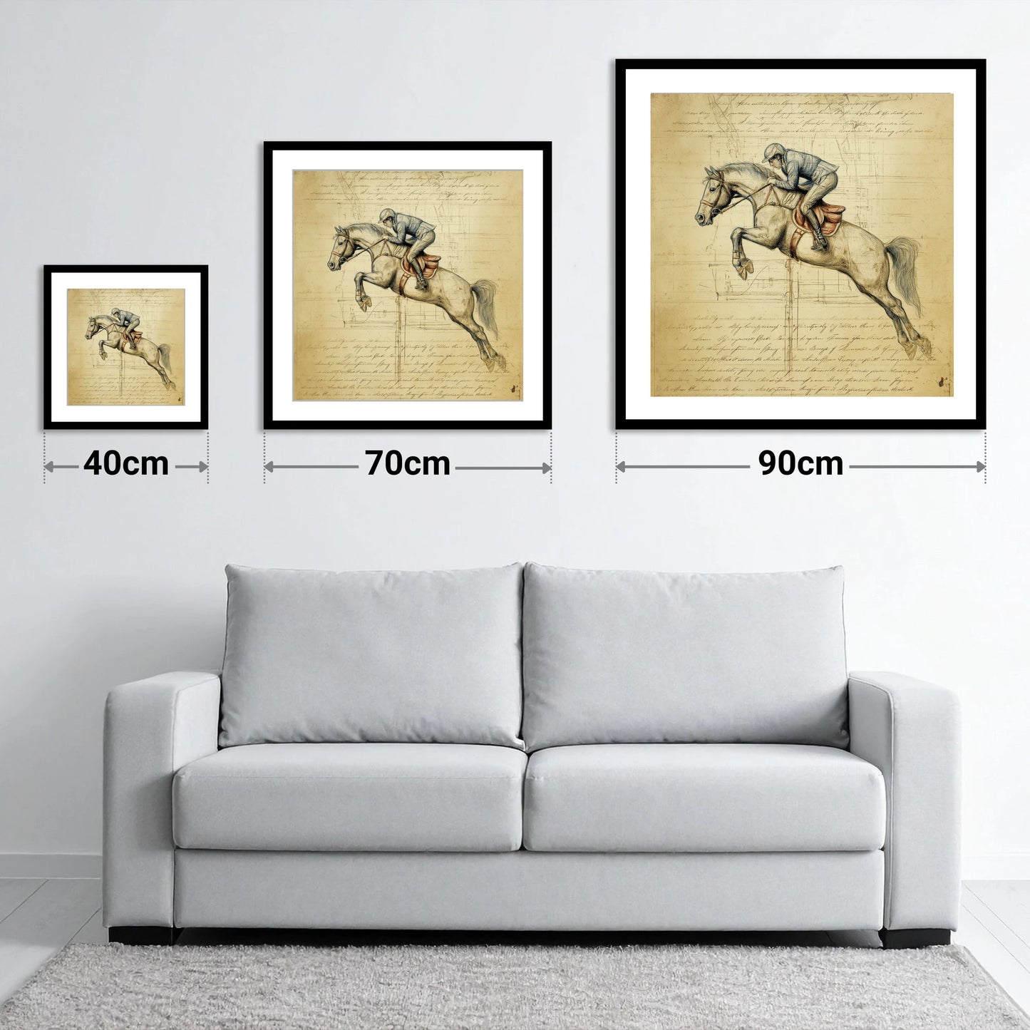 The Scholar's Jump - size guide showing 40cm, 70cm and 90cm art prints