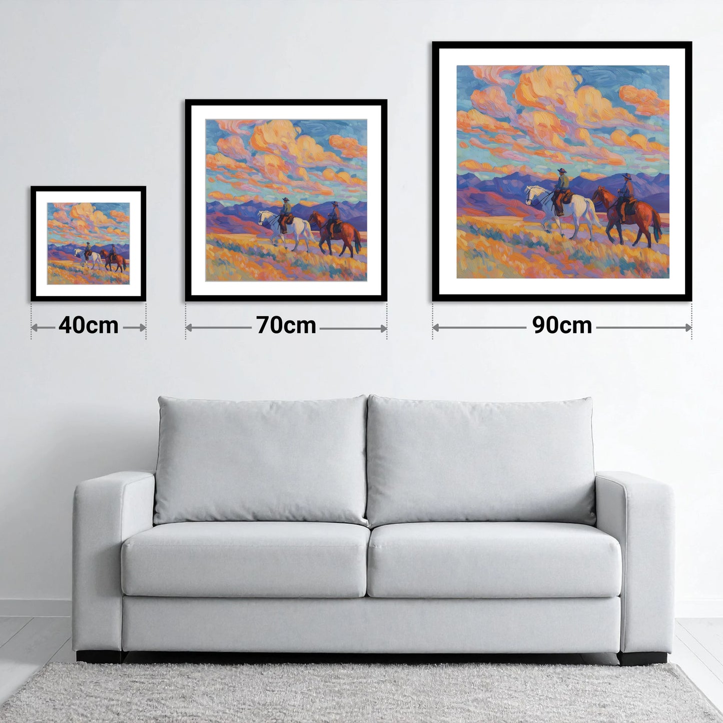 Painted Horizon Riders - size guide showing 40cm, 70cm and 90cm art prints