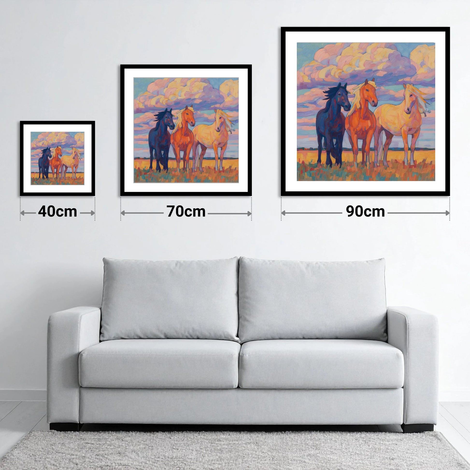 Three Under Painted Skies - size guide showing 40cm, 70cm and 90cm art prints