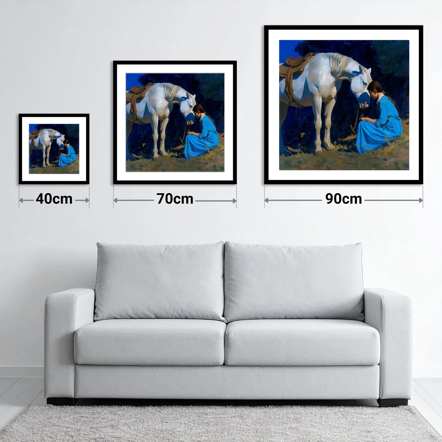 Bond in Blue and Gold - size guide showing 40cm, 70cm and 90cm art prints