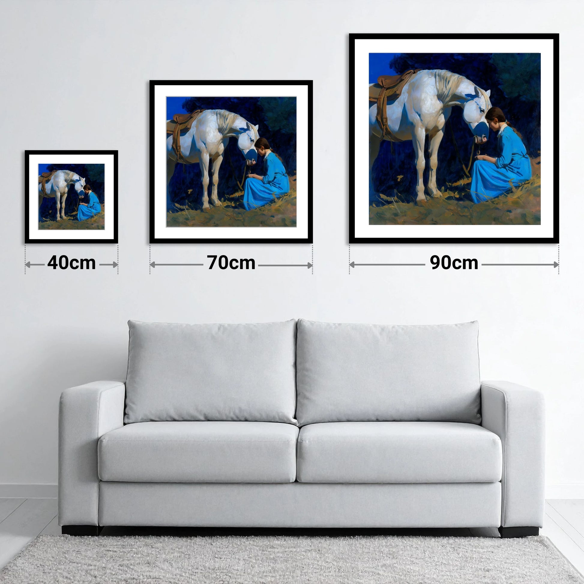 Bond in Blue and Gold - size guide showing 40cm, 70cm and 90cm art prints