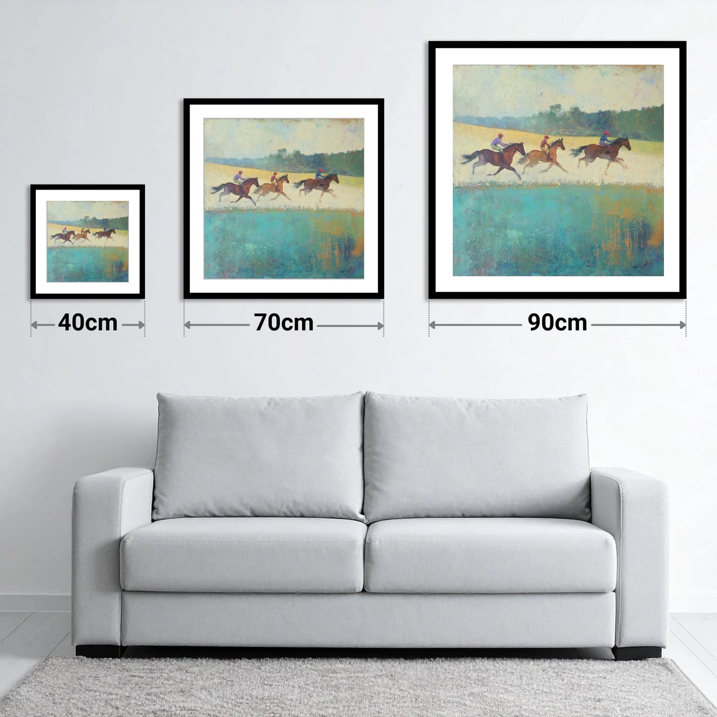 The Morning Gallop - size guide showing 40cm, 70cm and 90cm art prints