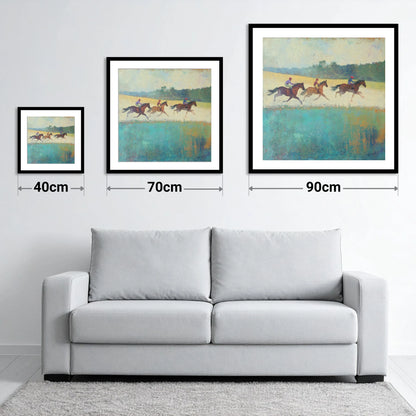 The Morning Gallop - size guide showing 40cm, 70cm and 90cm art prints