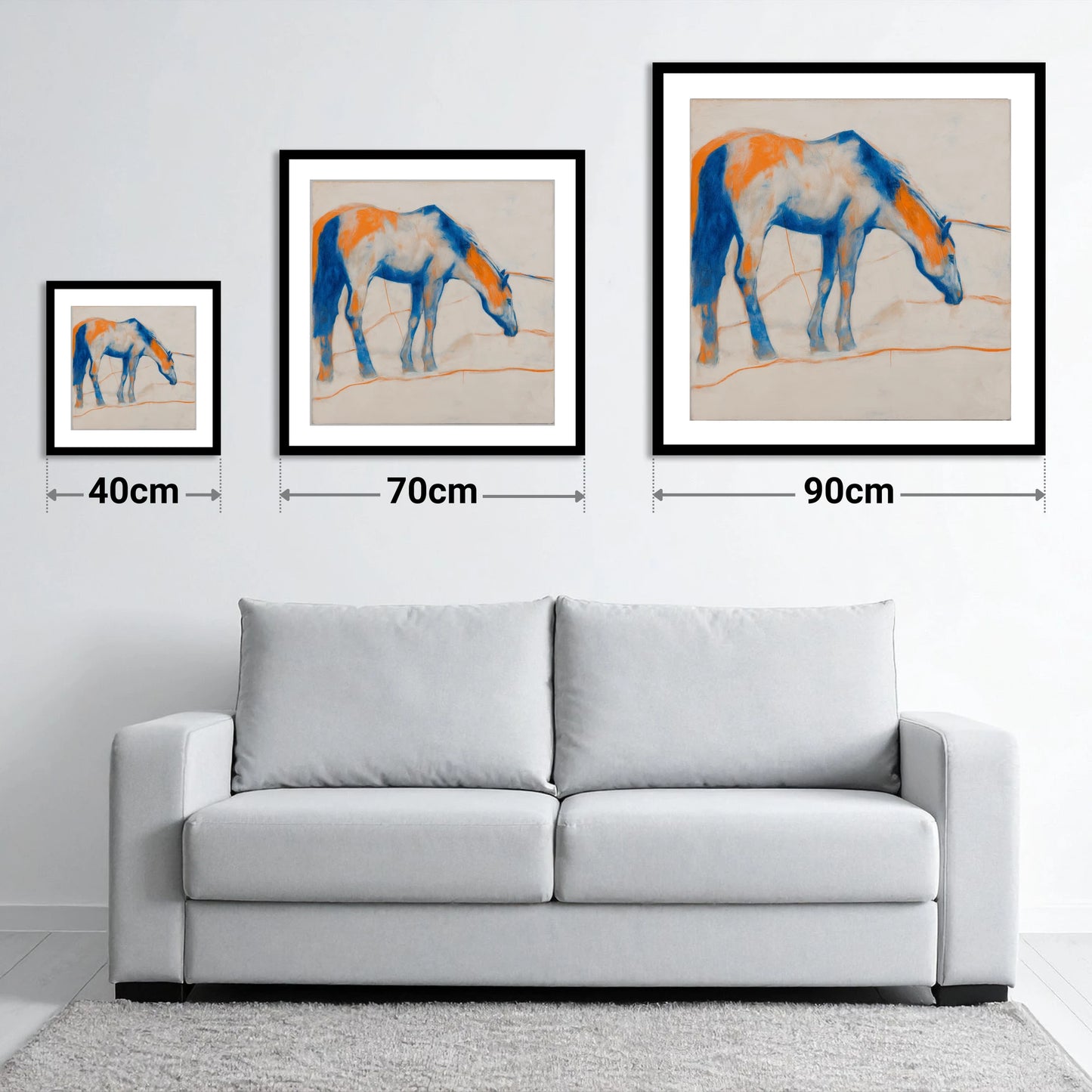 Vibrant Ultramarine Grazer - size guide showing 40cm, 70cm and 90cm art prints