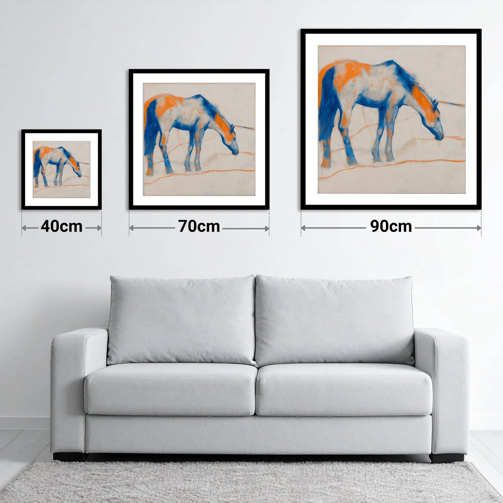 Vibrant Ultramarine Grazer - size guide showing 40cm, 70cm and 90cm art prints