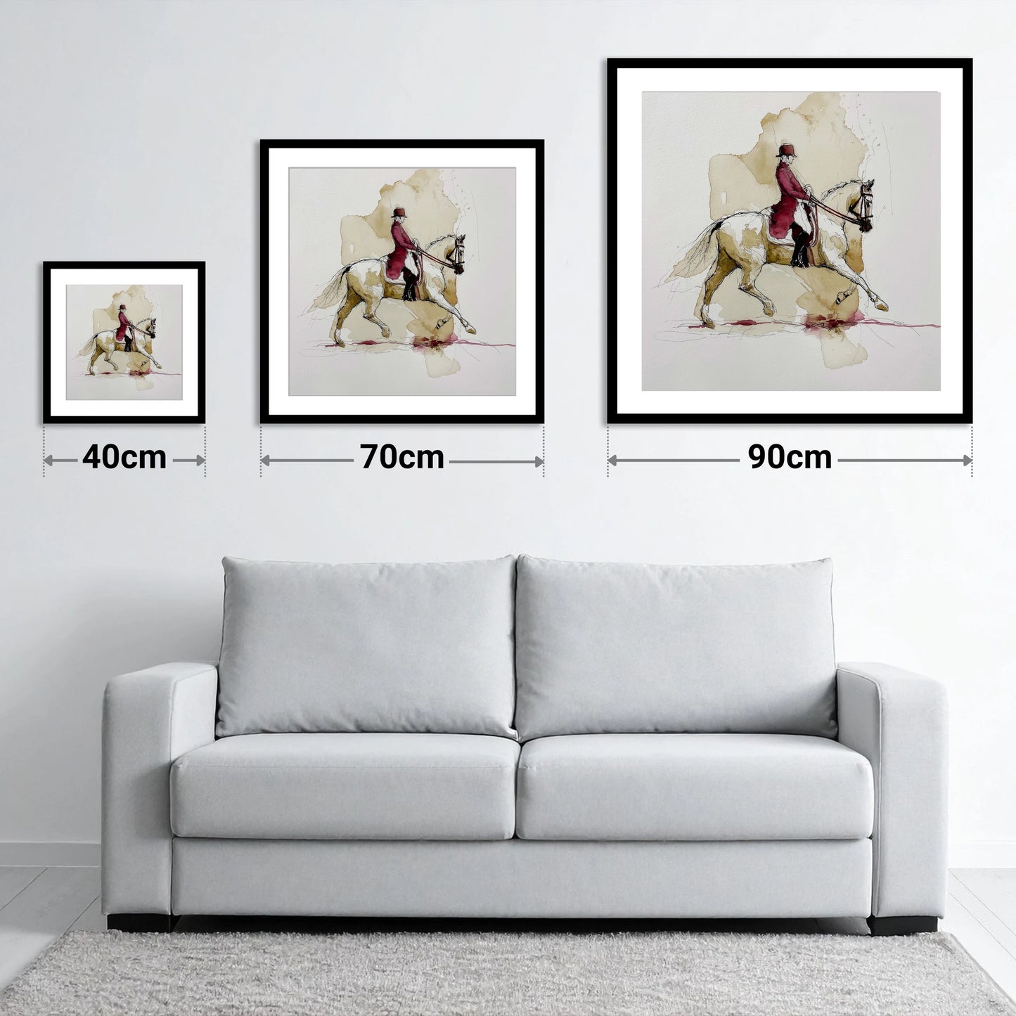 The Crimson Tailcoat - size guide showing 40cm, 70cm and 90cm art prints